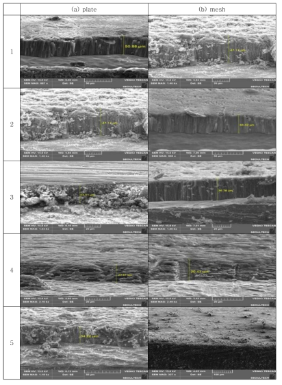 SEM images of TiO2 nanotube formed at 60 V, 10A, 15 hr in ethylene glycol + 0.2 Vol% NH4F + 2 vol% H2O after 5 times repeated use with (a) plate or mesh(b) of Pt cathode