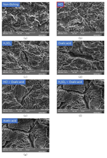 다양한 에칭 용액을 활용하여 에칭한 Ti 모재의 표면 (a) Non Etching, (b) HCl, (c) H2SO4, (d)Oxalic acid, (e) HCl + Oxalic acid, (f) H2SO4 + Oxalic acid, and (g)Acetic acid