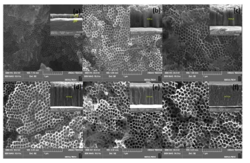 ethylene glycol + 0.2 wt.% NH4F + 2 vol.% H2O 용액 조건에서 다양한 전압 조건을 통해 제조된 TiO2 나노튜브의 SEM 분석 결과 (a) 30 V (b) 40 V (C) 50 V (d) 60 V (e) 70 V (f) 80 V