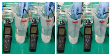 Lab-scale HOCl generator를 통한 Sampling 측정값 (pH, ORP) (a) 양극수 측정값 (b) 음극수 측정값