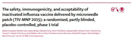 인플루엔자 백신 마이크로니들의 임상 1상 연구 결과를 발표한 논문 (The Lancet, VOLUME 390, ISSUE 10095, P649-658, AUGUST 12, 2017)