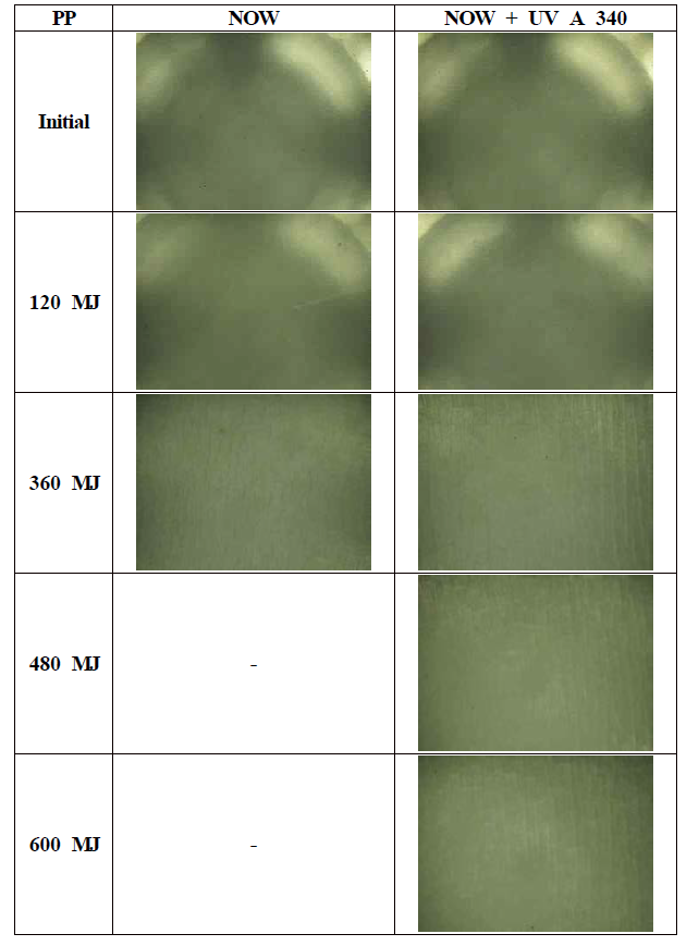 Surface of the PP from NOW and NOW + Metal Halide