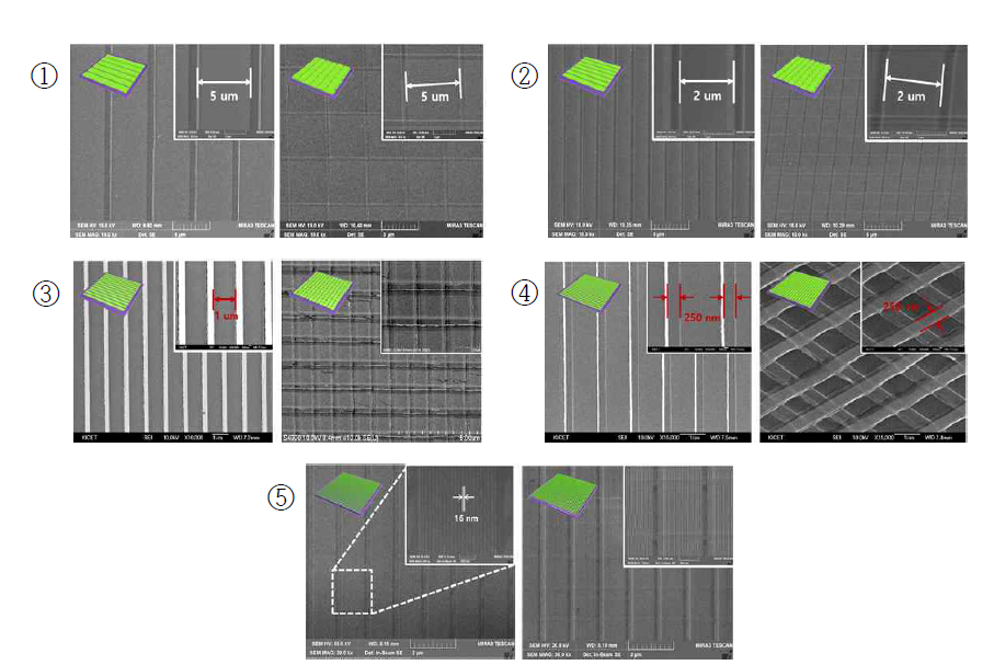 ① 5 ㎛. ② 2 ㎛, ③ 1 ㎛, ④ 250 ㎛, ⑤ 16 ㎛ 의 선폭을 갖는 line 및 cross-bar 패턴