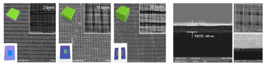 1 um 선폭을 갖는 적층된 cross-bar 형태의 패턴(좌)와 선폭 1 um 라인패턴의 40층 적층 단면(우)