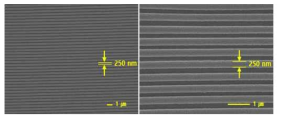 250 nm 선폭을 갖는 라인 패턴 SEM image(scale bar=1um)