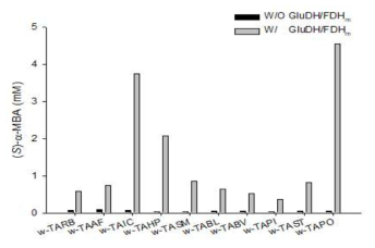 부산물 제거 및 조효소 재생성을 위한 GluDH/FDHm 도입 반응 반응조건: 5 mM acetophenone, 50 mM glutamate, 100 mM ammonium formate, 200 mM Tris-HCl buffer (pH 8.0)