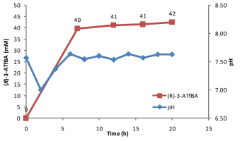 신규 PS esterase를 이용한 베타-아미노산 생성. 반응조건: 3 L reaction, OD600 70 (ω-TAIC), OD600 30 (PS esterase), 100 mM substrate-ethyl ester, 150 mM (S)-α-MBA, 200 mM Tris-HCl buffer (pH 7.0), 15% (v/v) DMSO, reaction time: 24 hrs