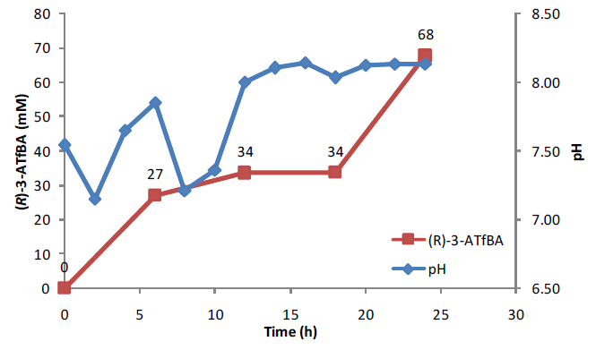 pH shift up (반응 12 시간)에 따른 PS esterase를 이용한 베타-아미노산 생성. 반응조건: 3 L reaction, OD600 70 (ω-TAIC), OD600 30 (PS esterase), 100 mM substrate-ethyl ester, 150 mM (S)-α-MBA, 200 mM Tris-HCl buffer (pH 7.0), 15% (v/v) DMSO, reaction time: 24 hrs