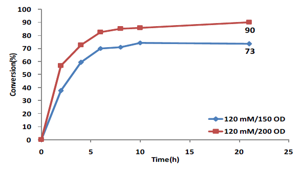 FC108 Cell 농도에 따른 베타-아미노산 생성반응. 반응조건: 3 L reaction, OD600 150 vs 200, 120 mM substrate-ethyl ester, 300 mM (S)-α-MBA, 200 mM Tris-HCl buffer (pH 7.0), 15% (v/v) DMSO, 0.5 mM PLP, reaction time: 21 hrs