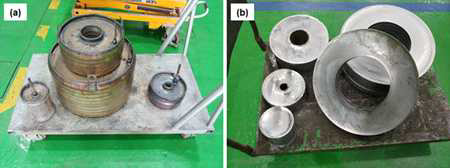 Canning-HIP으로 제조한 Al4032/SiC 40wt.% (a)규격별 CAN, (b)CAN제거 후 규격별 Al4032/SiC 40wt.% 샘플