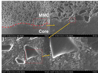 Al5052 Core재료와 Al4032/SiC40wt.% 접합면 관찰 결과