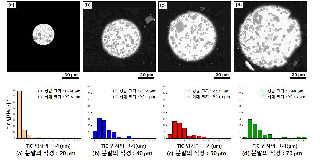 Steel/TiC 합금화 분말의 단면 및 TiC입자 크기 분석