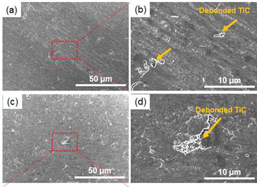 마모면 미세조직 (a, b) 반응소결 Steel/TiC, (c, d) 고상소결 Steel/TiC