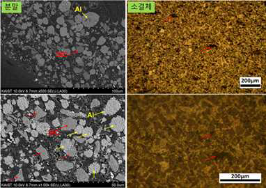 Al4032/SiC 30wt.% 분말 및 SPS공정으로 제조한 소결체의 미세조직