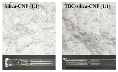 Silica-CNF와 TBC-silica-CNF 분말 사진