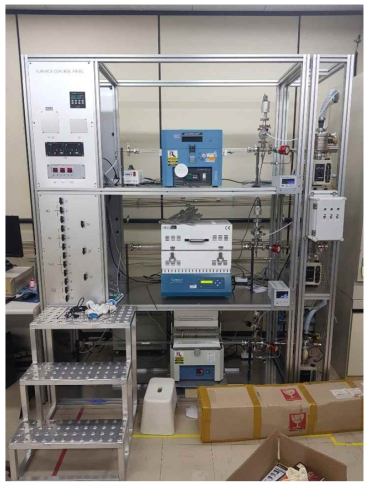 본 과제 연구비로 구축한 열처리 용Furnace 시스템. 3대의 Furnace는 각각 수소, 산소, 질소, 아르곤 가스를 독립적으로 흘릴 수 있으며, 10-3 Torr 까지 진공을 뽑으면서 열처리 할 수도 있음. 특히 1층 Furnace는 Quenching도 가능함