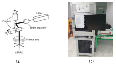 레이저 마커의 (a)기술적 개념도 및 (b)마킹 장비 사진