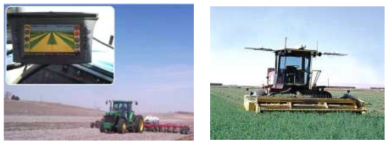 GPS와 자동조향 기술을 이용한 파종작업(왼쪽)과 수확작업(오른쪽)