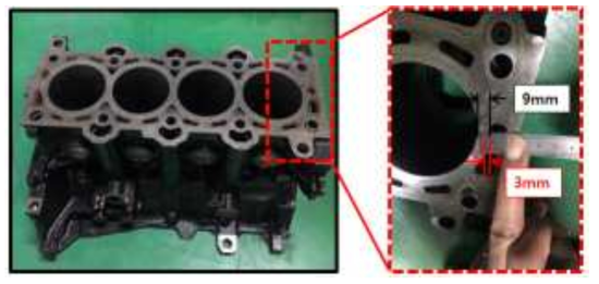 해석모델 적용을 위한 대상엔진 워터자켓 실물 이미지 및 실린더 두께 실측
