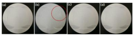 단열코팅 샘플 (a) 바인더 : Aerogel : ZrO2 50 : 45 : 5 도포 직후 (b) 경화 후 (c)바인더 : Aerogel : ZrO2 70 : 28 : 2 도포직후 (d) 경화 후
