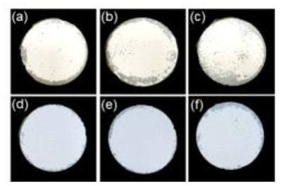 단열코팅 시편 접착력 시험 후 단면. a~c는 Top coating 시편, d~f는 Top Coating/Anodizing 시편