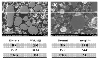 미세구조 (a)코팅하지 않은 분말 (b) 표면 코팅 분말