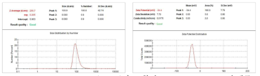 Nikkol MGO(Japan)와 조합된 propylene glycol 용매를 이용한 nano particle size distribution, diameter 분포정도 및 zeta-potential value 측정