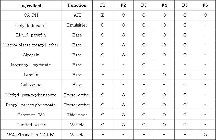 피부흡수도 시험 샘플 Formulation