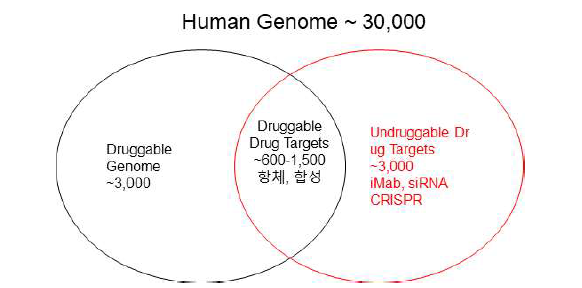 약물 표적의 수. 약물을 만들기 힘든 질환관련 유전자가 매우 많음