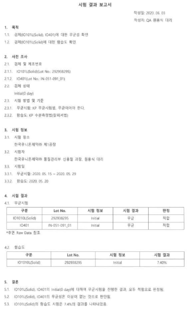 IO101L 수분측정 및 IO401 무균시험 보고서