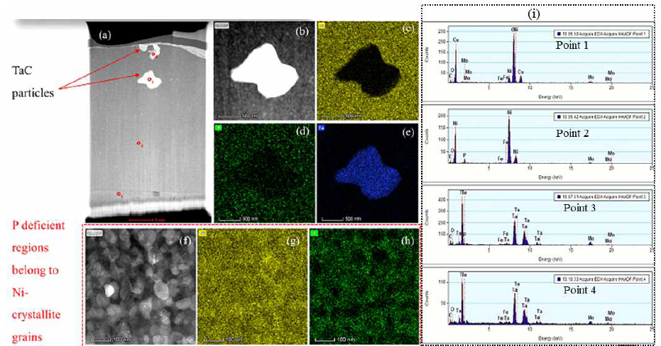 열처리 된 Ni-P-TaC 코팅의 미세 구조에서 Ni, P 및 Ta의 STEM-EDS 매핑 (그림 b-e), (그림 f-h)는 Ni-P 매트릭스의 미세 구조에서 Ni와 P의 맵핑 그리고 (i)에 보여지는 된 스펙트럼은 (a)의 다른 점에서 취한 데이터