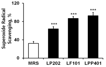 Scavenging effects of the three supernatants (LP202, LF101, LPP401) on superoxide radical. MRS broth (MRS) is the liquid medium used for the bacterial growth. The data represent the percentage of superoxide radical inhibition. For the more reasonable comparison, the experimental values were normalized to those obtained with the Lactobacillus cells grown up to an absorbance of 8.0 at OD600.***,p < 0.001 vs MRS