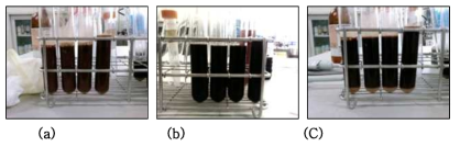 Glycerin 첨가 후 침전 실험 결과 ((a) : 교반 후 촉매, (b) : 여과 후 액상촉매, (C) : P.E.G 주입 후 액상촉매)