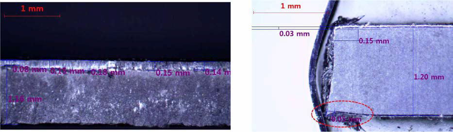 M2 적용 전단 10만타 이후 22MnB5 전단면