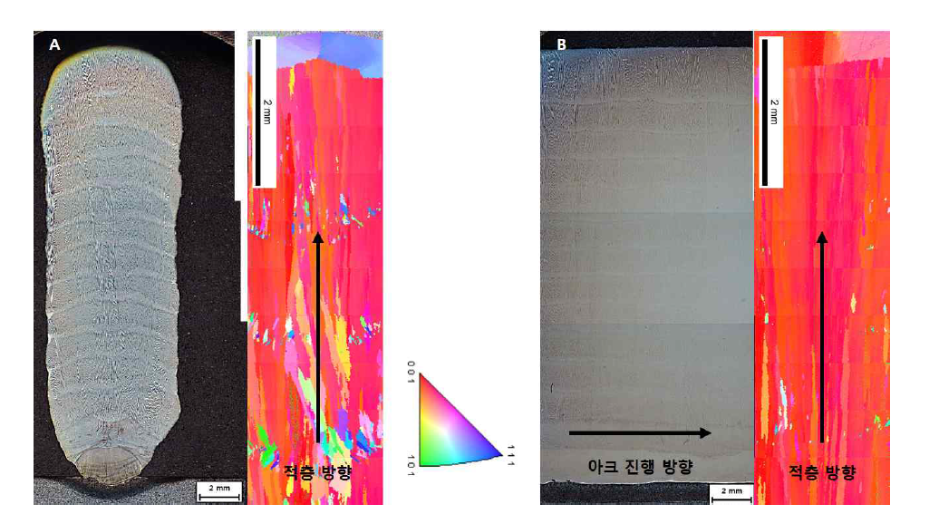 적층물의 columnar dendrite 성장과 방향성응고:(A) cross-sectional plane, (B) longitudinal plane