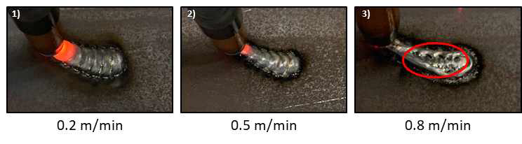 이송속도에 따른 블레이드 형상 1) 0.2 m/min, 2) 0.5 m/min, 3) 0.8 m/min