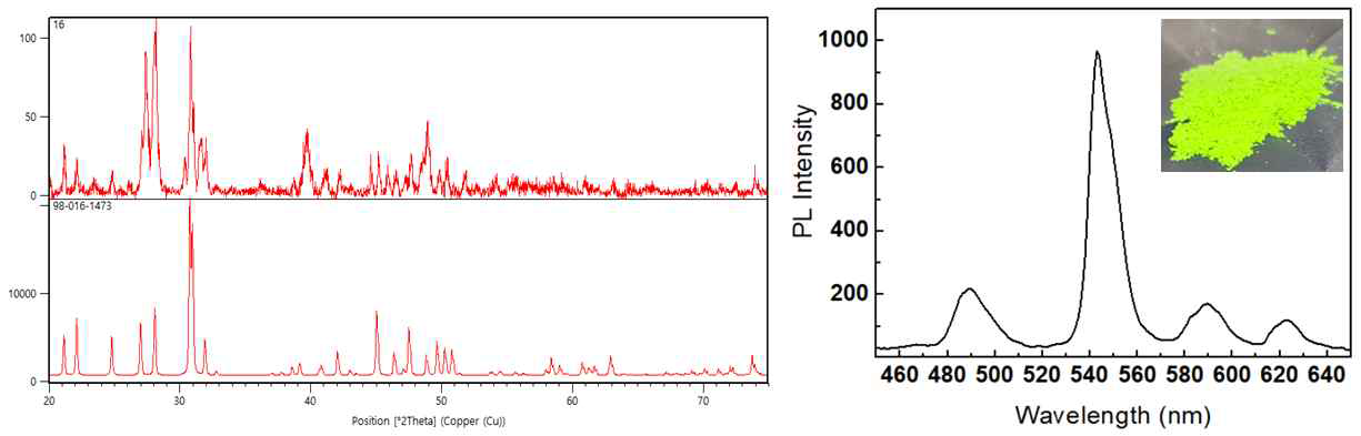 La9.67Si8O26.5:Tb3+ 형광소재의 XRD pattern 및 Emission spectrum