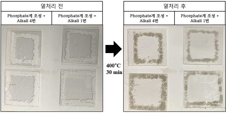 Phosphate계 + 알칼리금속 조성의 기판유리 열접합 열처리 전/후 사진