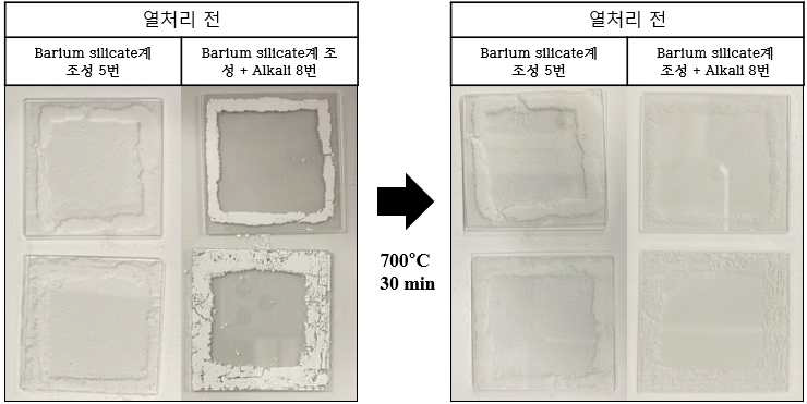 Barium silicate계 조성의 기판유리 열접합 열처리 전/후 사진
