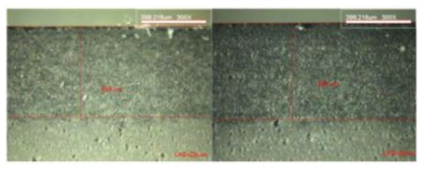 LAS–Zircon 50 wt.%-SiC 복합체의 코팅 단면 미세구조 (코팅 두께 : 554, 587 ㎛)