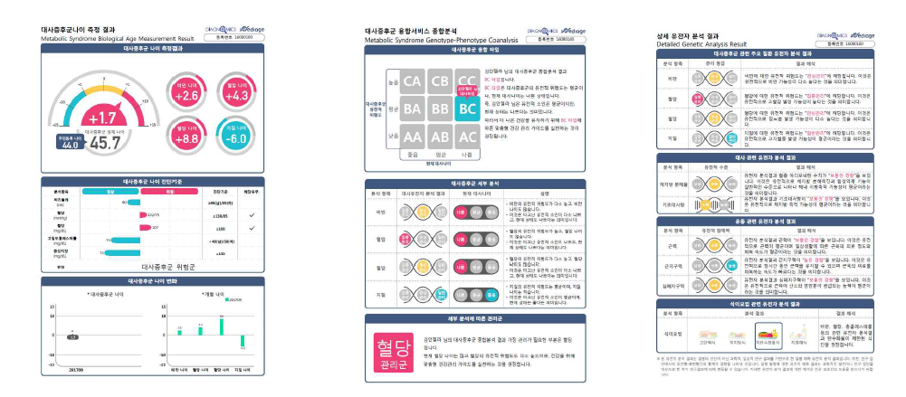 대사증후군 환자 유전자 분석 서비스 (대사나이 측정결과(좌), 유전형/표현형 타입 분석(중), 유전자 분석 결과(우)