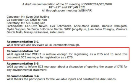 ISO/TS 14029 WD승인 결과(‘21.1.29), WD의 DTS 등록에 합의