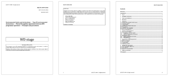 ISO/TS 14029 제품 환경성 선언(EPD) 프로그램 운영자 간 상호인정 협정 원칙 및 절차 표준(WD0)안 표지 및 목차