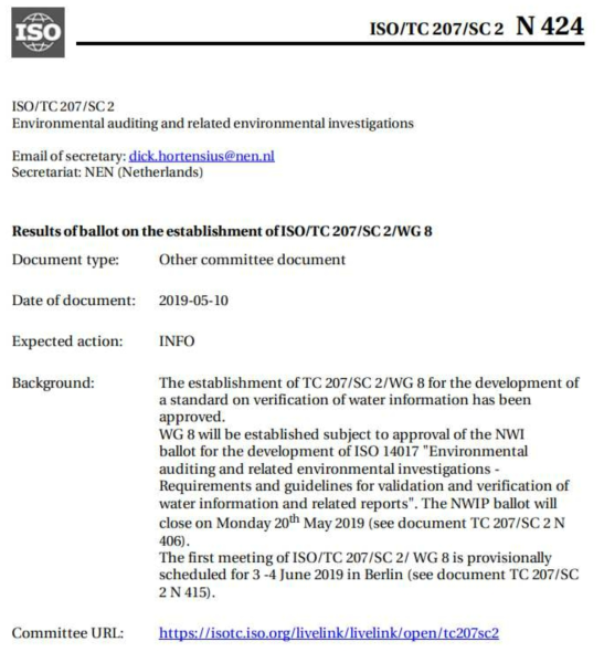 Results of ballot on the establishment of ISO/TC207/SC2/WG8