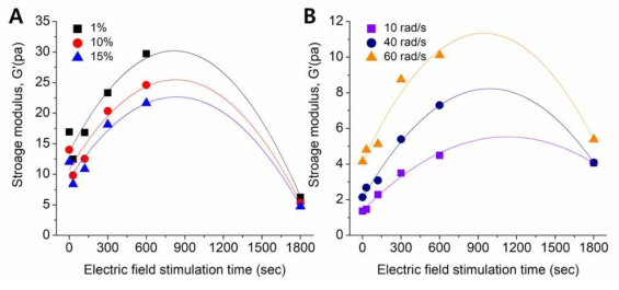 변형 (Strain) 의존 인공피부의 (A)저장 모듈러스 (G’) 및 (B) 손실 모듈러스 (G”) 변화량