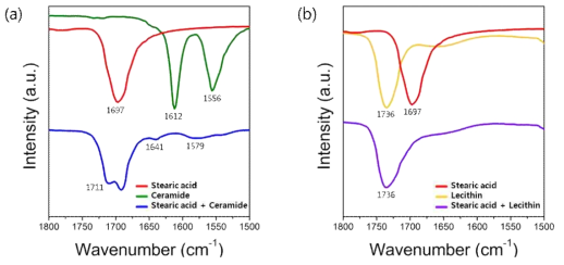 (a) 지방산-세라마이드 (b) 지방산-레시틴 혼합물의 FT-IR 데이터