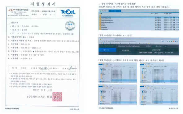 시험 성적서 및 시험 절차서(통합 모니터링 시스템 실시간 동작 현황 별첨 시험서 예시)