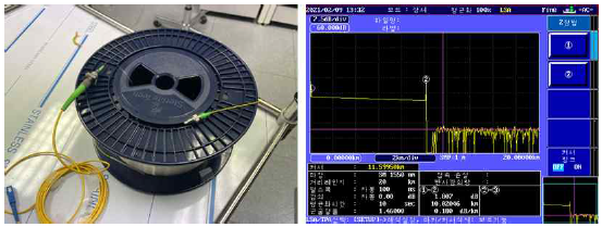 측정거리 성능평가를 위해 사용된 단일모드 광섬유 10km 스풀 과 OTDR 거리 측정 결과