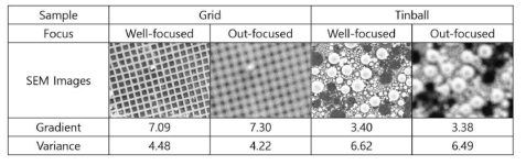 Gradient 와 variance을 기반으로 한 오토포커스 함수 예시. 그리드와 틴볼의 이미지의 경우이며 평가 점수는 0에서 10점 사이로 정규화 됨