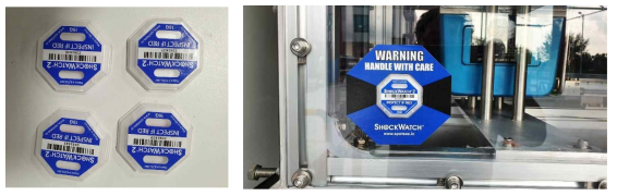 기준 이상의 충격이 감지되면 색상이 변경되는 Shock Watch(좌) 및 이를 저울박스 벽면에 설치한 사진(우)
